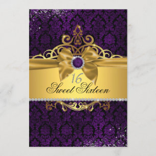 Elegante gouden paarse damast Sweet Sixteen uitnod Kaart