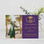 Elegante gouden paarse foto afstudeeruitnodiging kaart (Staand voorkant)