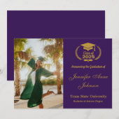 Elegante gouden paarse foto afstudeeruitnodiging kaart (Voorkant / Achterkant)