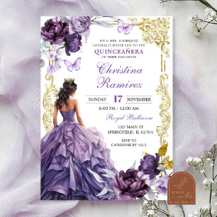 Elegante Gouden Paarse Prinses Quinceanera Kaart