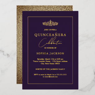 Elegante Gouden Paarse Quinceanera 15e Folie Uitnodiging