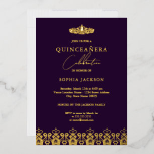 Elegante Gouden Paarse Tiara Quinceanera Folie Uitnodiging