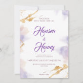 Elegante gouden & Paarse Waterverf bruiloft uitnod Kaart (Voorkant)