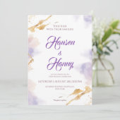 Elegante gouden & Paarse Waterverf bruiloft uitnod Kaart (Staand voorkant)