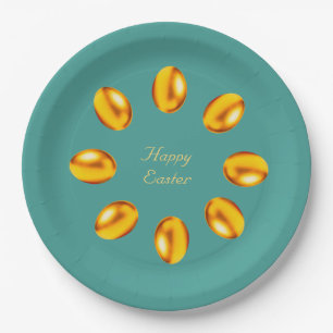 Elegante gouden paaseieren op turquoise papieren bordje