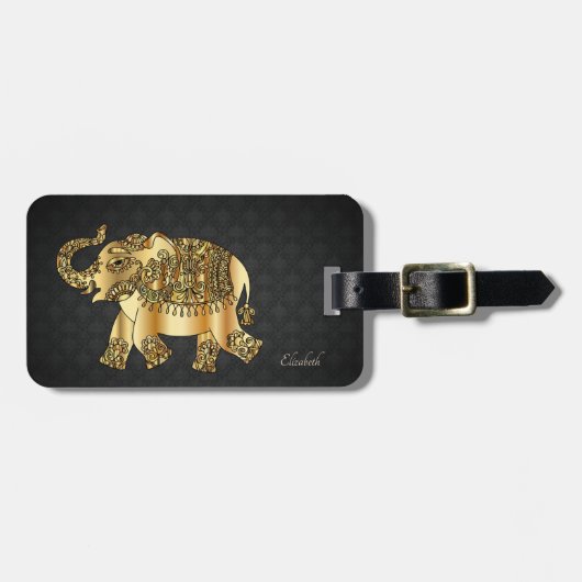 Elegante gouden paisley olifant, damast-persoonlij bagagelabel (Voorkant horizontaal)