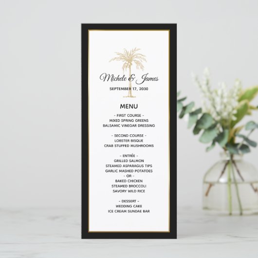 Elegante gouden palmboom moderne bruiloft menu (Staand voorkant)