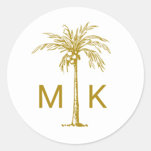 Elegante gouden palmboom Monogram Tropische bruilo Ronde Sticker