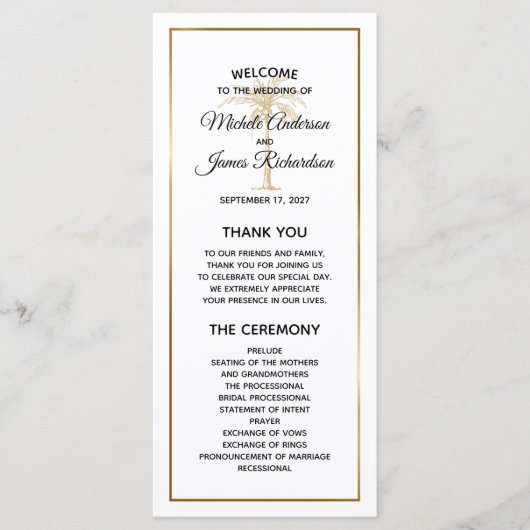 Elegante Gouden Palmboom Tropische Bruiloft Programmakaart (Voorkant)