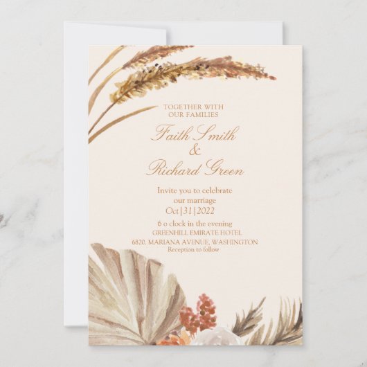 Elegante gouden pampas gras bruiloft uitnodigingen (Voorkant)