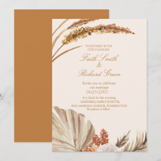 Elegante gouden pampas gras bruiloft uitnodigingen