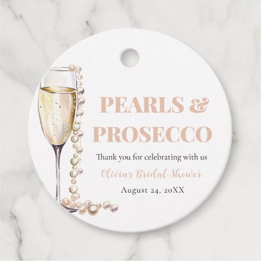 Elegante Gouden Parels en Prosecco Bruidsdouche Bedankjes Labels (Voorkant)
