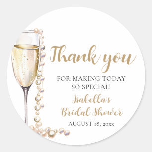 Elegante Gouden Parels en Prosecco Bruidsdouche Ronde Sticker