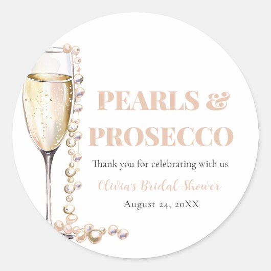 Elegante Gouden Parels en Prosecco Bruidsdouche Ronde Sticker (Voorkant)
