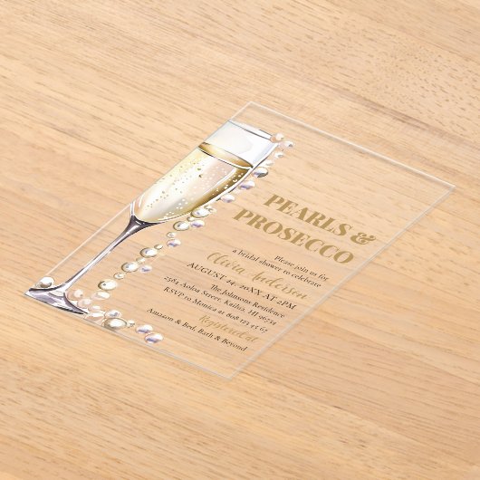 Elegante Gouden Parels en Prosecco Bruidsfeest Acryl Uitnodigingen (Laagn)