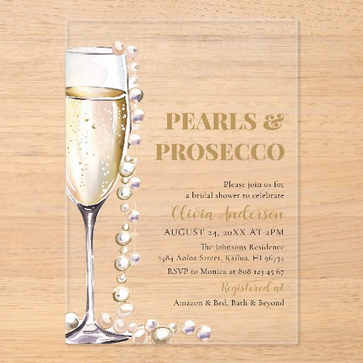 Elegante Gouden Parels en Prosecco Bruidsfeest Acryl Uitnodigingen (Voorkant)