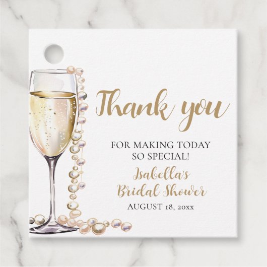 Elegante Gouden Parels en Prosecco Bruidsfeest Bedankjes Labels (Voorkant)