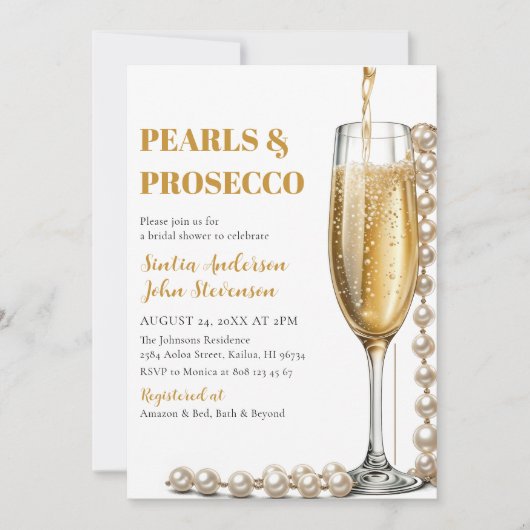 Elegante gouden parels en prosecco bruiloft kaart (Voorkant)