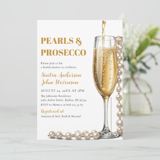 Elegante gouden parels en prosecco bruiloft kaart (Staand voorkant)