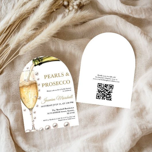 Elegante gouden parels & Prosecco QR Vrijgezellenf Kaart