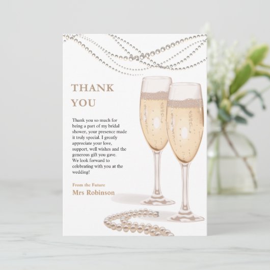 Elegante gouden parels & Prosecco Vrijgezellenfees Bedankkaart (Staand voorkant)