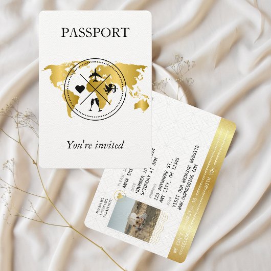 Elegante gouden paspoort bestemming bruiloft foto kaart