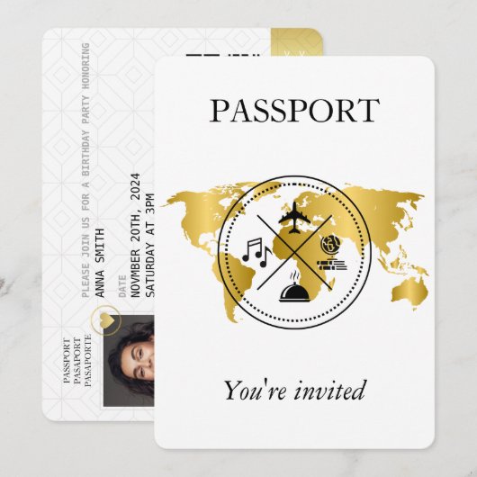 Elegante gouden paspoort bestemming Verjaardagsfot Kaart (Voorkant / Achterkant)