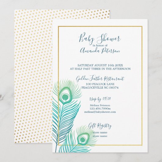 Elegante Gouden Pauw Baby Shower Uitnodigingen (Voorkant / Achterkant)