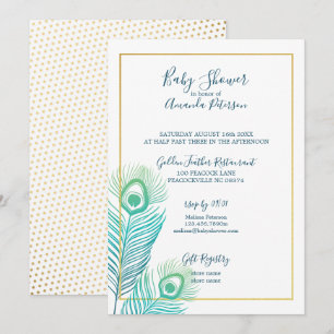 Elegante Gouden Pauw Baby Shower Uitnodigingen