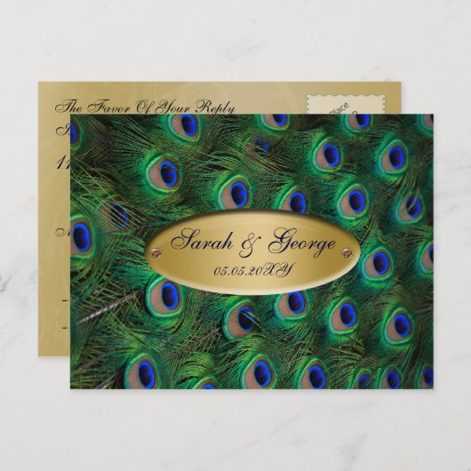 elegante gouden pauw bruiloft RSVP Uitnodiging Briefkaart (Voorkant / Achterkant)