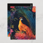 Elegante gouden pauw in kleurrijke tuin briefkaart (Voorkant / Achterkant)