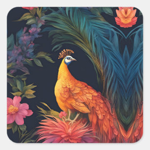 Elegante gouden pauw in kleurrijke tuin vierkante sticker
