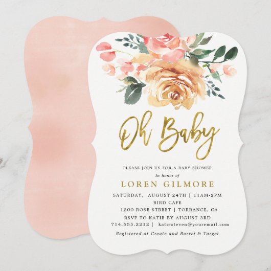 Elegante Gouden Perzik Bloem Baby Shower Kaart (Voorkant / Achterkant)