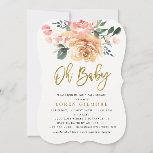Elegante Gouden Perzik Bloem Baby Shower Kaart (Voorkant)