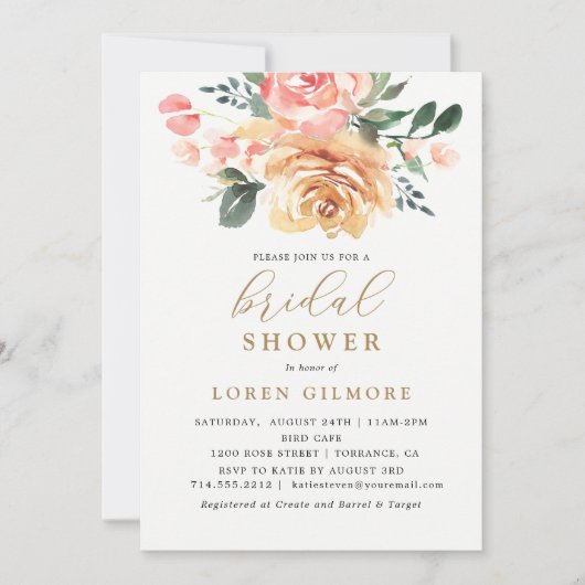 Elegante gouden perzik bloemige bruidsdouche kaart (Voorkant)