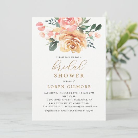 Elegante gouden perzik bloemige bruidsdouche kaart (Staand voorkant)