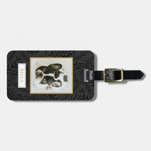 Elegante gouden Pet Naam Black Floral Crate Label Bagagelabel (Voorkant horizontaal)