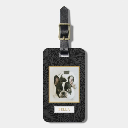 Elegante gouden Pet Naam Black Floral Crate Label Bagagelabel (Voorkant verticaal)