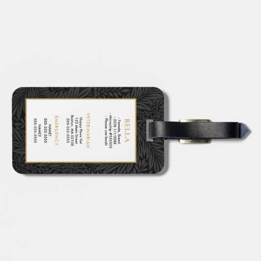 Elegante gouden Pet Naam Black Floral Crate Label Bagagelabel (Achterkant horizontaal)