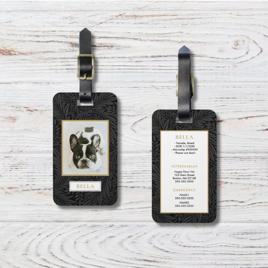 Elegante gouden Pet Naam Black Floral Crate Label Bagagelabel