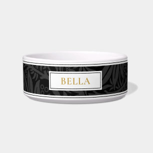 Elegante gouden Pet Naam Zwarte Bloemen Patroon Voerbakje