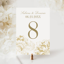 Elegante gouden pioen bloemendecoratie tafelnummer
