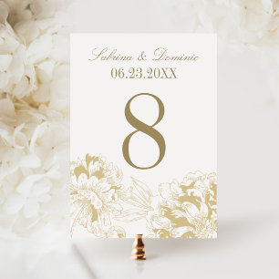 Elegante gouden pioen bloemendecoratie tafelnummer