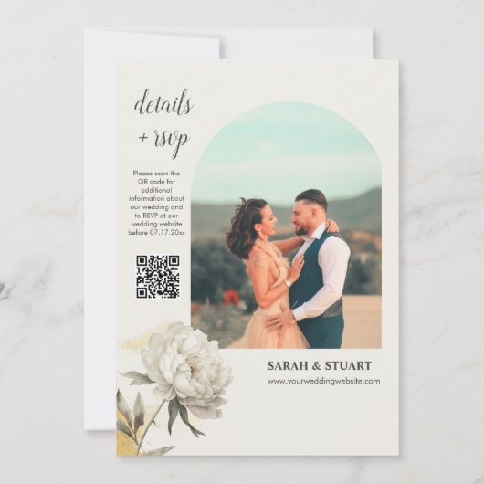 Elegante gouden pioen foto QR code bruiloft Kaart (Achterkant)