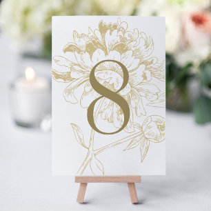 Elegante gouden pioen trouwtafel nummerkaart kaart