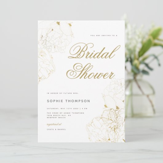 Elegante gouden pioenen bloemschets Vrijgezellenfe Kaart (Staand voorkant)