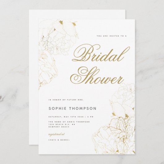 Elegante gouden pioenen bloemschets Vrijgezellenfe Kaart (Voorkant / Achterkant)