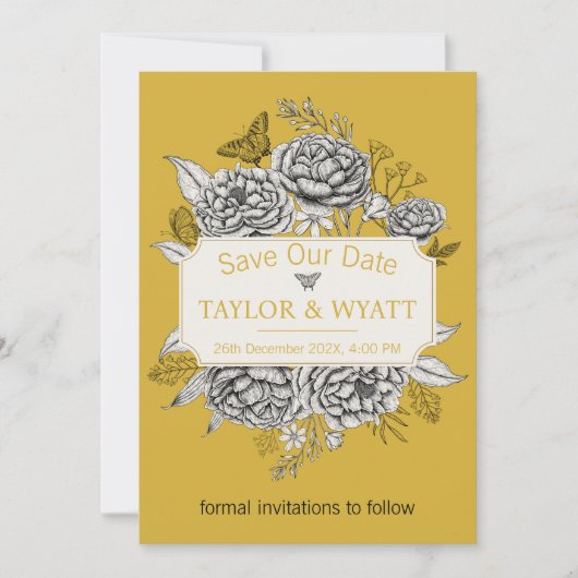 Elegante gouden pioenrozen bloemenbewaar de datum kaart (Voorkant)