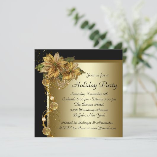 Elegante gouden poinsettia zwart goud kerstfeest kaart (Staand voorkant)