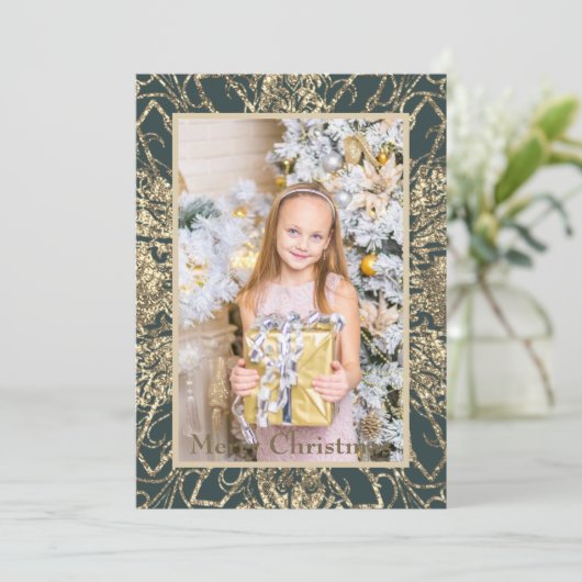 Elegante Gouden Prettig Kerstmis Foto Echt Feestdagenkaart (Staand voorkant)